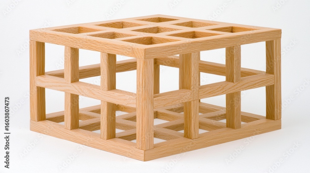 Poster a wooden cube with a lattice pattern on its sides.