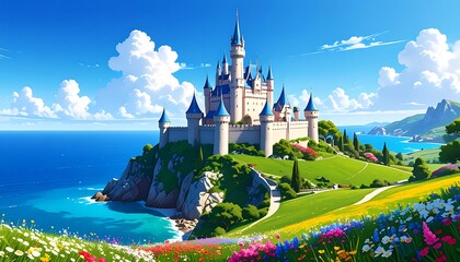 A fairytale castle atop a coastal hill, surrounded by vibrant flowers and lush greenery under a bright, sunny sky
