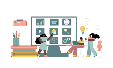 Digital classroom. Learning using gadgets, modern technologies and the Internet. Vector flat illustration