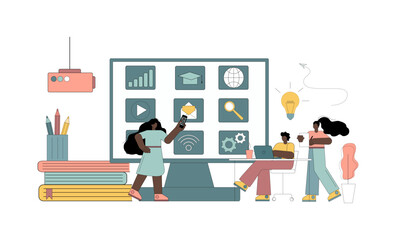 Digital classroom. Learning using gadgets, modern technologies and the Internet. Vector flat illustration
