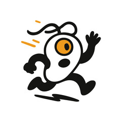Naklejka premium Funny cartoon one-eyed monster running with speed lines. Vector flat mascot in black, white, and orange. Ideal for games, branding, playful design, comics, or kids' sci-fi projects