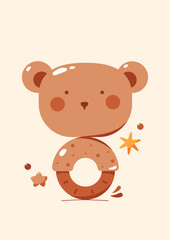 A poster or a card with a baby bear rattle drawn in soft bohemian colors and tiny elements around.
