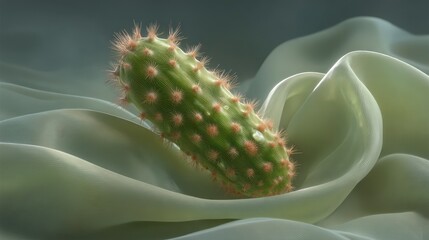 Fototapeta premium A spiky green cactus pod rests delicately on flowing textured fabric with soft lighting