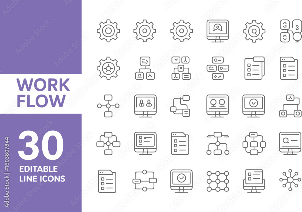 Fototapete collection of workflow related line icons on a white background layout