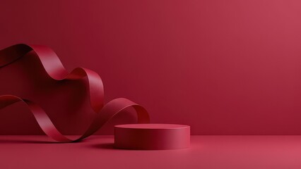Elegant Red Ribbon Winding Around a Product Display Podium Stage Decoration
