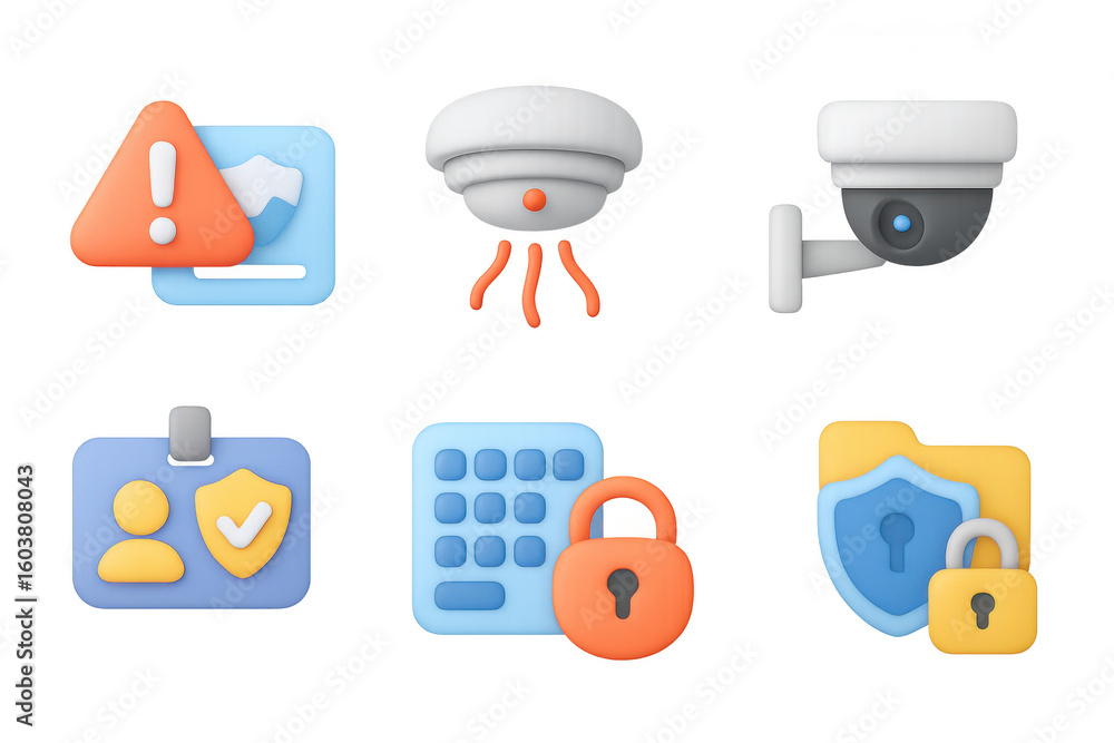 Poster 3d security icons set featuring alarm, camera, and secure access elements