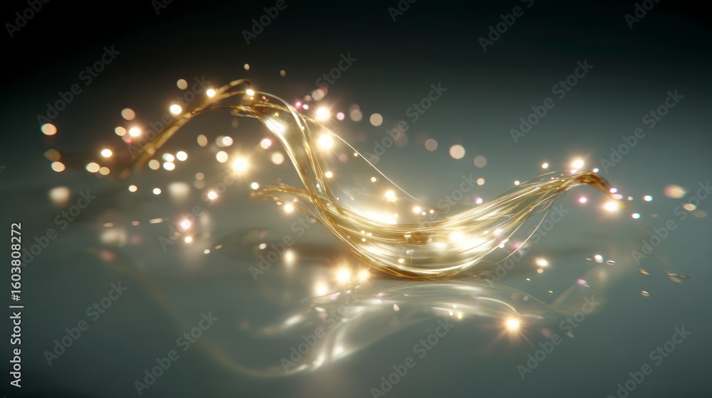 Poster golden shimmering thread with glowing lights on reflective surface bokeh