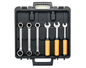 Set of six combination wrenches with yellow handles in black case on a transparent background