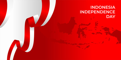 Patriotic vector illustration for Indonesia Independence Day, with a red and white ribbon and a map of the nation.