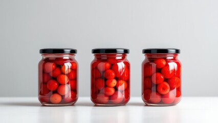 Jar of preserved tomatoes and red peppers on white background