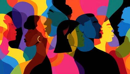 A vibrant, stylized depiction of diverse individuals in profile, their faces overlapping in a kaleidoscope of saturated colors, creating a sense of unity and community