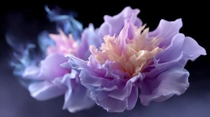 Fototapeta premium Delicate purple and cream peony flower petals with soft blue ethereal wisps