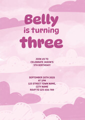 Pink Cloud Themed Birthday Invitation Template, Cute Gender Neutral Kids Party Card with Whimsical Design