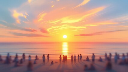 Fototapeta premium People watching a vibrant sunset over the ocean horizon with golden light reflecting on the water creating a peaceful atmosphere
