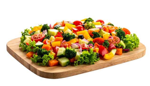 Close up Colorful Chopped Vegetables on Wooden Board, Isolated on Transparent Background