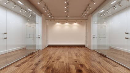 Empty modern gallery space with glass walls,  wood floor, and neutral walls