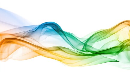 Abstract image of flowing, translucent, multicolored smoke against a white background.  The smoke is primarily blue, orange, and green, creating a wavy, dynamic composition