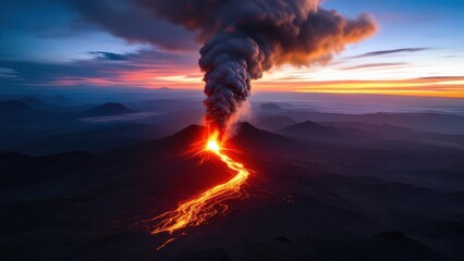 Obraz premium Powerful Volcanic Eruption Spewing Fiery Lava and Ash Clouds Under Twilight Sky