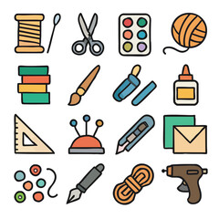 A vibrant collection of colorful flat design vector icons representing various crafting and art supplies, perfect for creative projects and DIY hobbies.