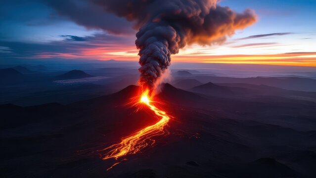Powerful Volcanic Eruption Spewing Fiery Lava and Ash Clouds Under Twilight Sky