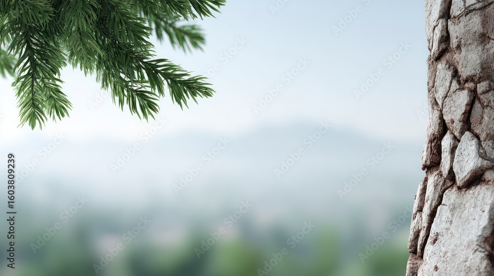 Poster pine branches in foreground with stone texture and misty mountains in background