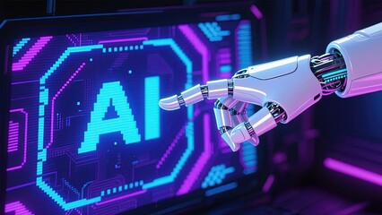 Robotic Hand Touching 'AI' on a Futuristic Digital Screen