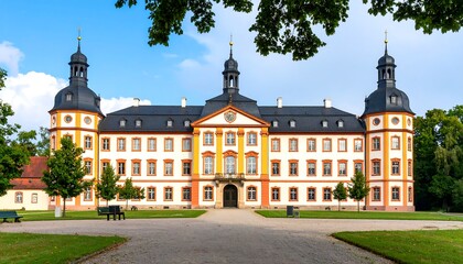 A grand palace facade, bathed in sunlight, with expansive lawns and trees