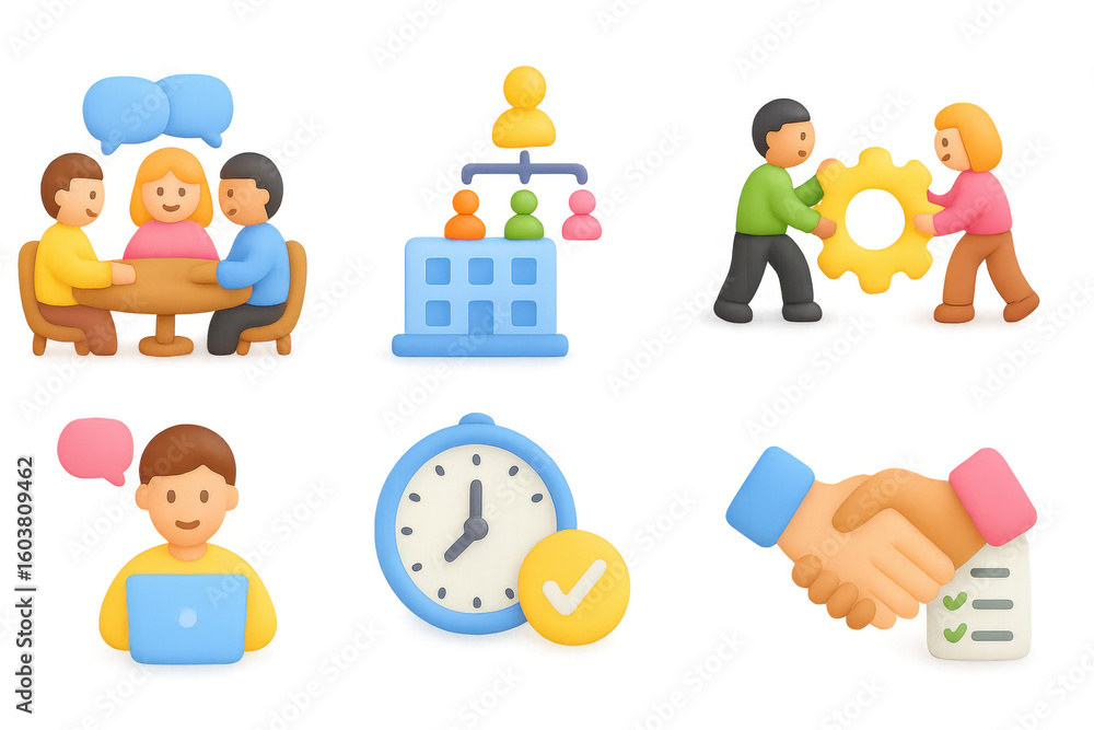 Aufkleber teamwork and productivity concepts in 3d style with business icons