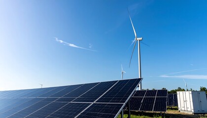 Solar panels and wind turbines under blue sky.