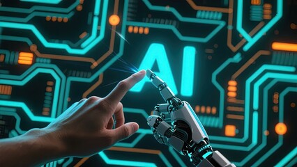 Human hand and robotic arm touching, with 'AI' illuminated in a circuitry background