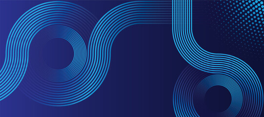 Futuristic Blue Wave Line Abstract Background with Circular Halftone Dots on Dark Gradient