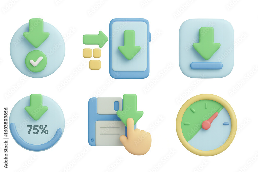 Poster 3d download icons set with arrows and disks in pastel colors