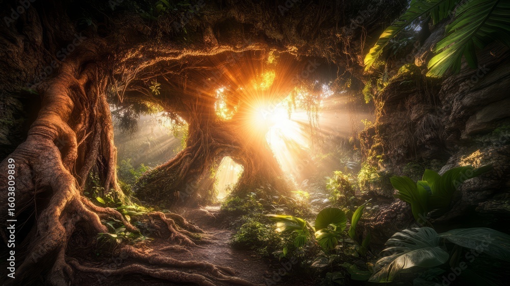 Poster enchanted forest: the image captures a scene inside of the forest, rays of sunlight burst through th