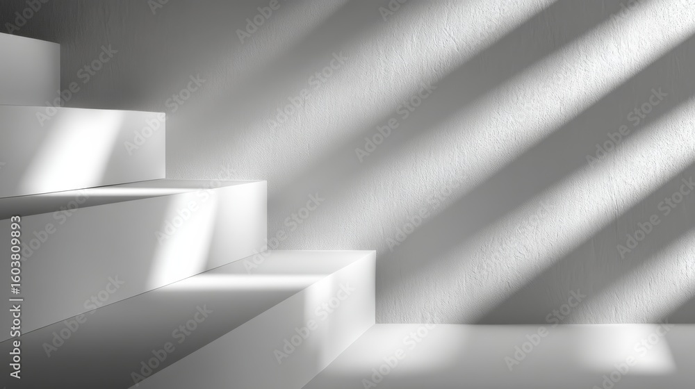 Poster white minimalist stairs illuminated by soft sunlight casting diagonal shadows on a textured wall.