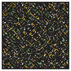 Abstract artwork repeat pattern, featuring scattered geometric shapes and lines in vibrant colors like yellow, green, pink, and white against a black background surface design.

