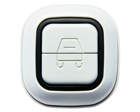 White square button with car symbol for automotive control panel on a transparent background