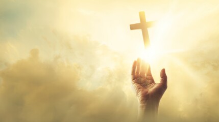 Hand Reaching for a Cross Symbolizing Faith and Hope in Light