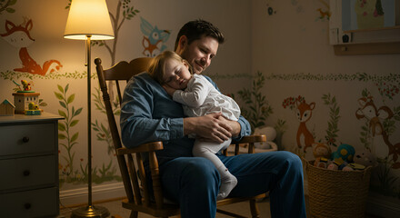 Father rocking a sleeping baby girl in a nursery