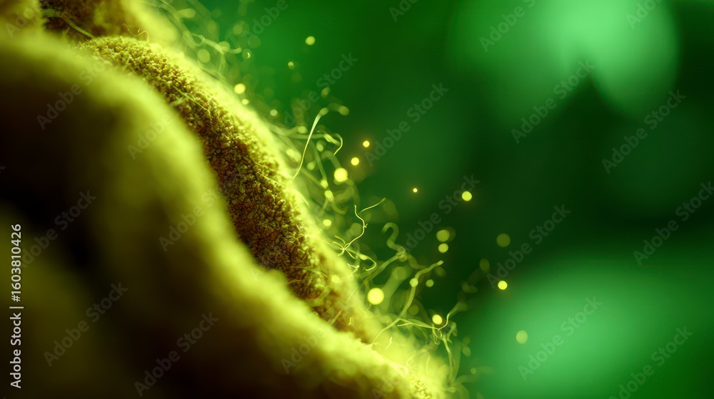 Poster macro view of fuzzy green growth with delicate tendrils and glowing particles