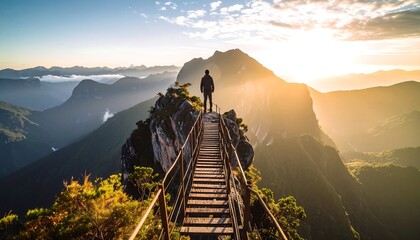 A solitary figure stands on a mountain peak at sunrise
