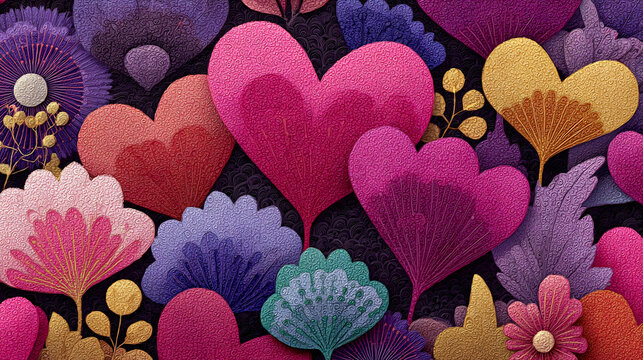 abstract illustration featuring layered hearts and floral designs with a festive romantic color scheme