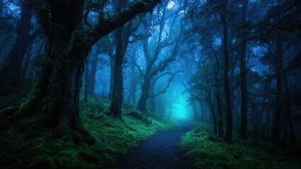 Mystical Forest Pathway Illuminated by Ethereal Light