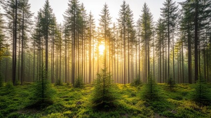 Naklejka premium Sunlit Canopy: A breathtaking scene unfolds as sunlight streams through a dense forest of tall, slender trees.