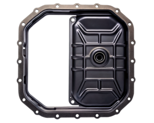 Black automotive oil pan with gasket and central hole for engine parts on a transparent background