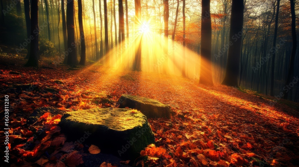 Poster golden rays through the forest: sunlight streams dramatically through a dense forest, illuminating a