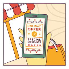 Hand holding a smartphone displaying a holiday offer with special discounts and dates near a shopping bag and a market stall awning
