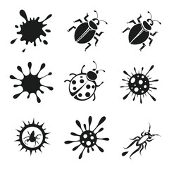 Black ink splatters and insect icons splashes drops