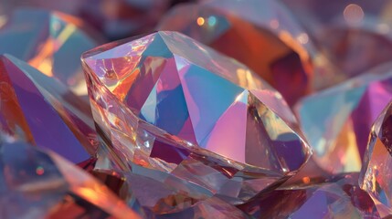 Close-up of multifaceted, colorful, and reflective crystals showcasing intricate light refractions and vibrant hues.