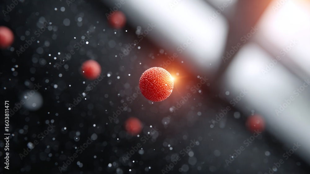 Poster red spherical particles with light effects and bokeh on a dark background