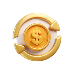 Golden dollar coin with circular arrows symbolizing exchange isolated on transparent background